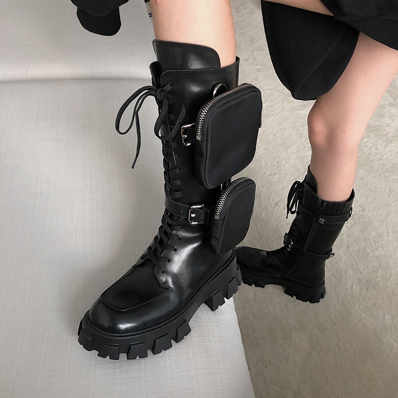 

Designer-rils Shoe Monolith Mini bag knee high boot gear chunky heel boot free ship, Black