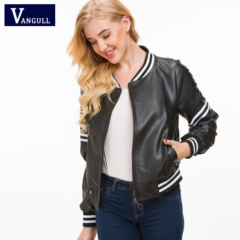 

VANGULL Women Leather Jacket Spliced Long Sleeve Color block Zipper Streetwear Baseball Jackets Elegant Outwear Autumn 2018 New, Black