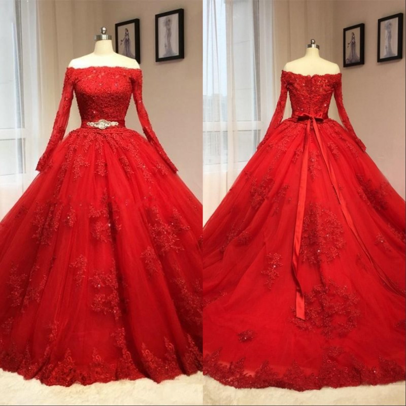 

Red Vintage Long Sleeves Lace Ball Gown Quinceanera Dresses Arabic Off Shoulder Evening Gowns with Beads Sash, Chocolate