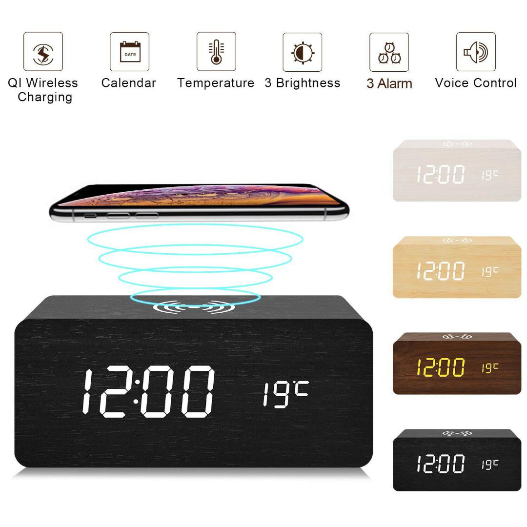 

Modern Wooden Wood Digital LED Desk Alarm Clock Wireless Charger
