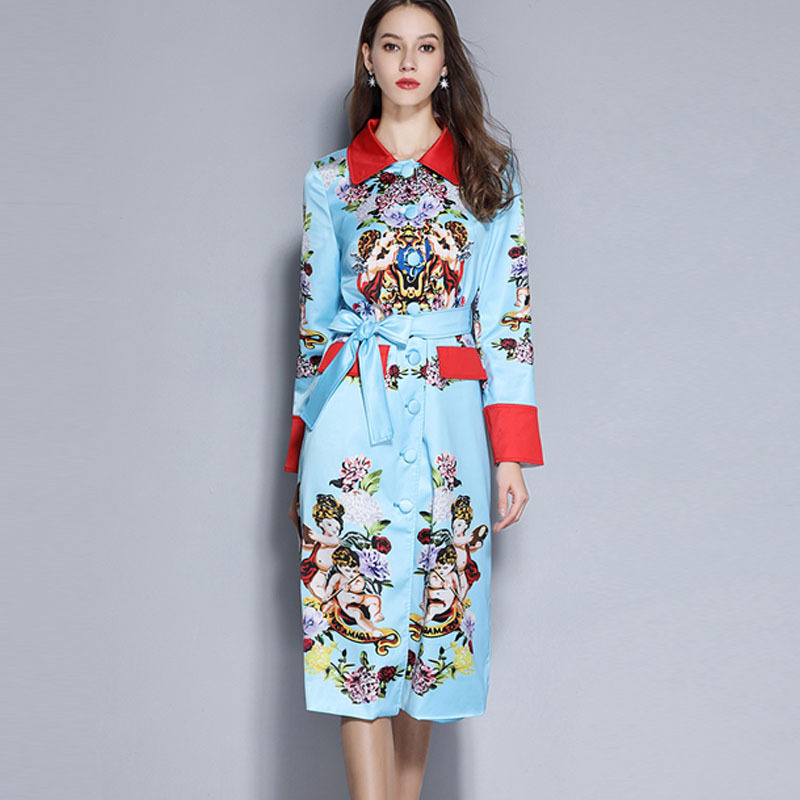 

Women' Wool & Blends 2021 Runway Designer Women Trench Coat Spring Blue Printed Rose Single Breasted Overcoat Fashion Hit Color Long Windbr
