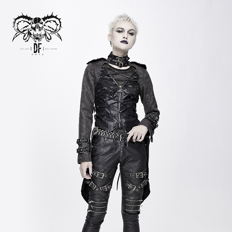 

Devil Fashion Women's Punk Long Jacket Handsome Personality Stand Collar Removable Hem Stage Performance Coats, Black