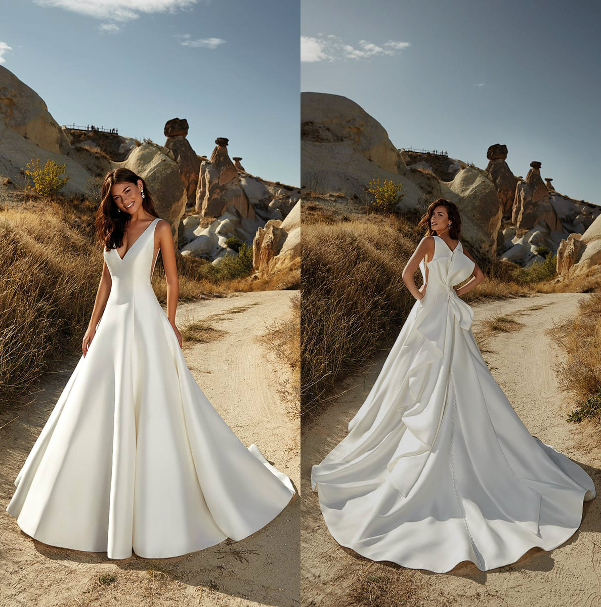 Eddy K 2021 Robes de mariée avec Big Bow V-Neck Lace satin A-ligne Robes de mariée Custom Made bouton Retour balayage train robe de mariée