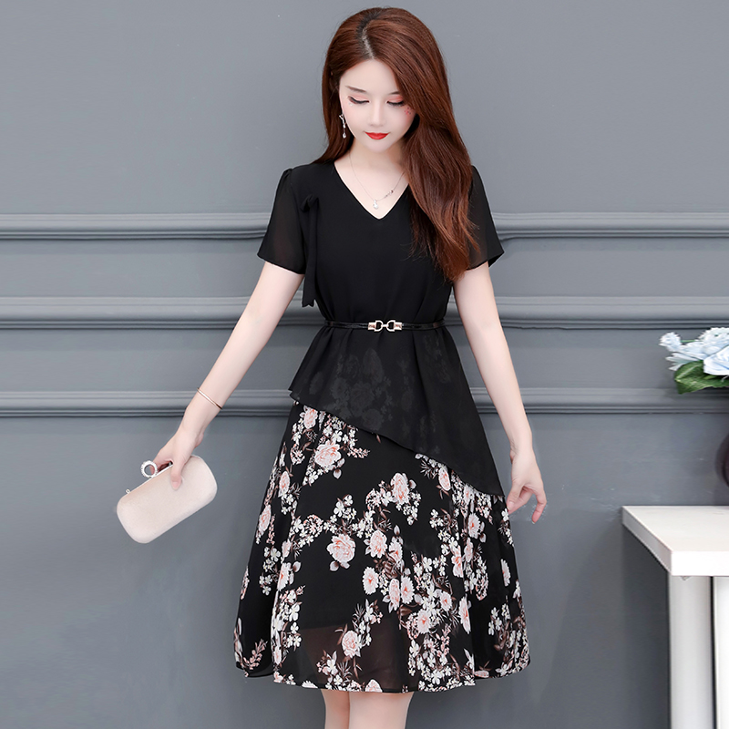 

Retro Elegant Dress Women Summer Lace Chiffon Beach Party Dresses Lady Fashion Slim Floral Printed Short Sleeve Dress, Black