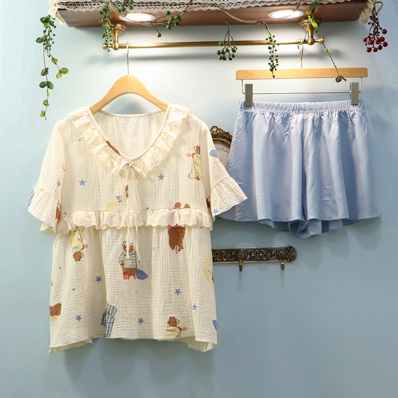 

Fashion Style Court Homewear Set Women's Summer Newest Comfortable Natural Cotton Pajamas Shorts Printing Pajamas, Apricot