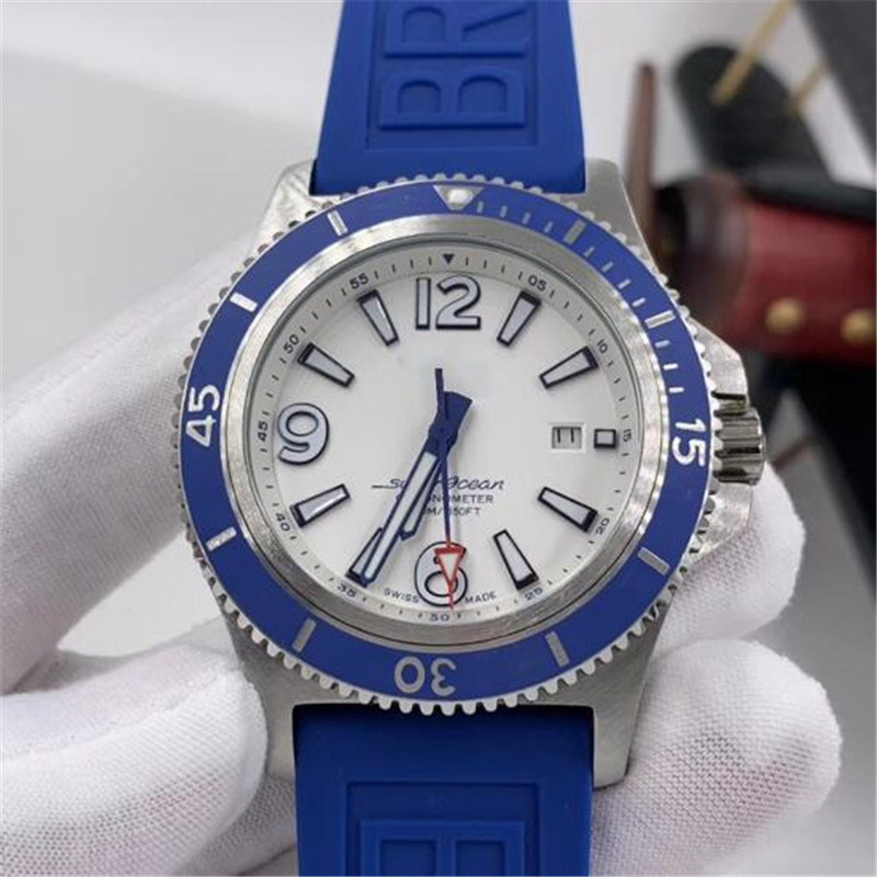 

1884 Super-Ocean 46 White Dial Stainless Steel Rotating Blue Bezel Mens Watch Automatic Mechanical Classic Rubber Band Watch Wristwatches, 542