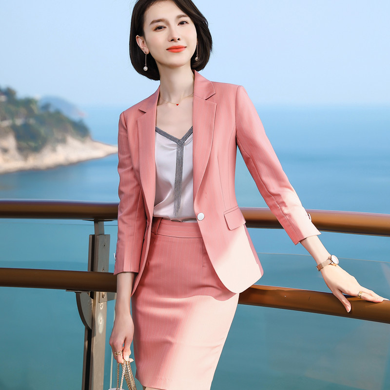 

Skirt suits women high-end professional spring new fashion temperament stripe blazer and skirt office ladies business work wear, Green blazer