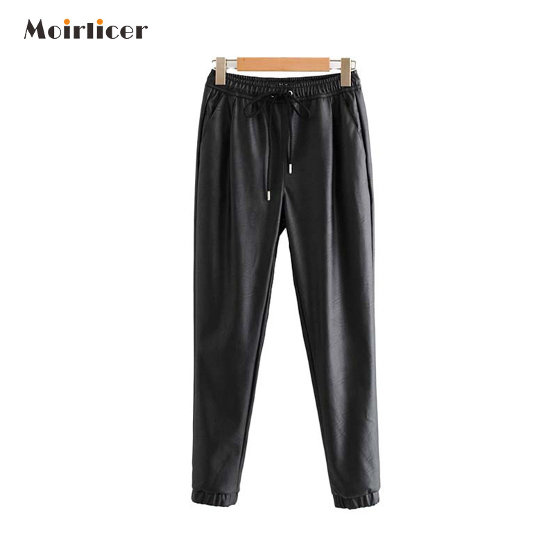 

Women chic PU leather pants solid elastic waist drawstring tie pockets female basic elegant trousers, Black