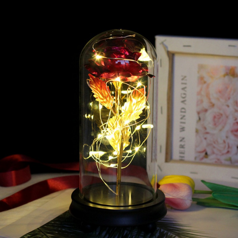 

Gold Foil Artificial Rose Flower And LED Light String In Glass Dome On Wooden Base Valentine's Day Anniversary Gift Home Decor