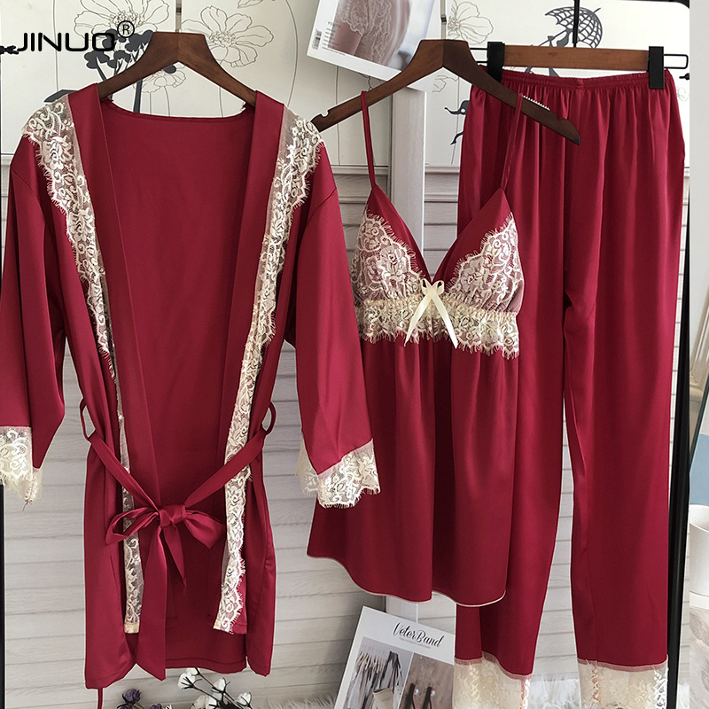 

JINUO 2020 New 3pcs Sexy Women Pyjamas Sets Satin Nightgowns Lace Nightdress Sling Rope Pants sleepwear for woman, As photo