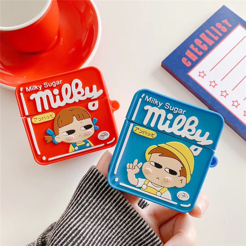 

For Airpods Case Japan Cute Cartoon Fujiya Milky Sugar Girl and Boy 3D Soft Silicone Funny pProtective Cover Case For Airpods Pro 1 2, A for airpods 1/2