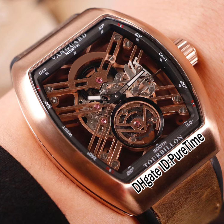 

New Sartoge Vanguard V 45 T SQT Rose Gold Tourbillon Gold Skeleton Dial Automatic Mens Watch Brown Leather Rubber Watches Puretime A25b2, A25b