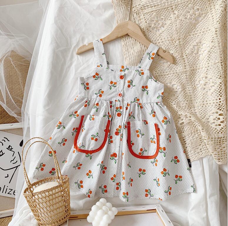 

Retail 2020 Summer New Children Baby Cherry Sling Dresses , Girls Princess Sweet Clothes 1-6T, As pic