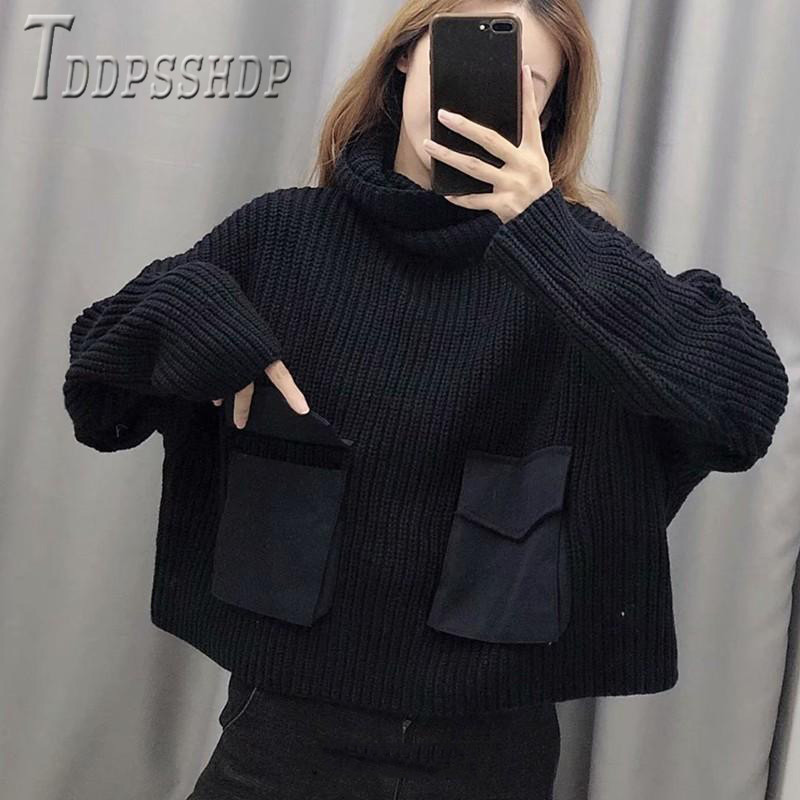 

2019 Europe Autumn Winter Women Sweater Two Pocket Decor Turtleneck Female Sweaters