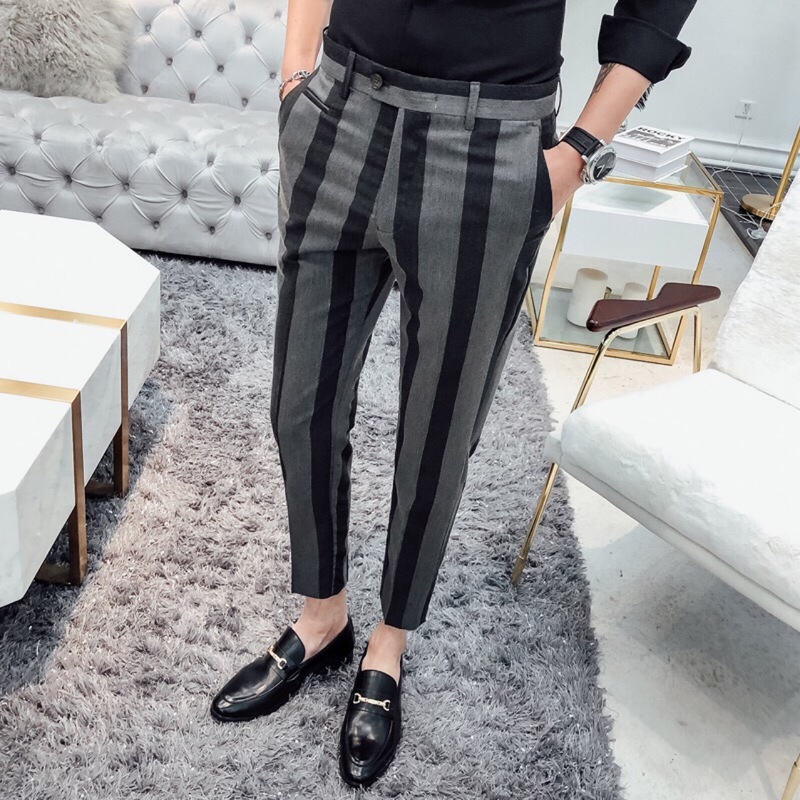 

Men Suit Pants Stripe Fashion Business Casual Suit Pants Men Original Designer Brand Straight Slim Fit Formal Trousers DS50659, Gray