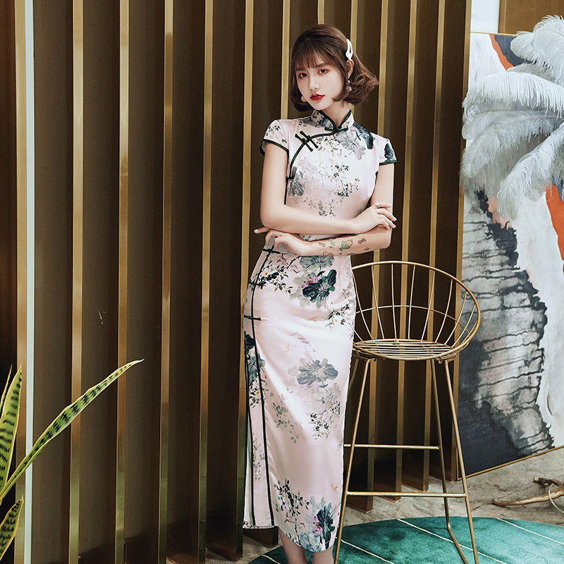 

Elegant Oriental Style Cheongsam Vestidos Summer Floral Print Long Evening Formal Dress Plus Size Women Clothing