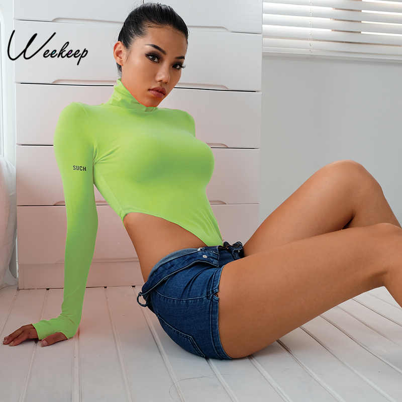 

Weekeep Long Sleeve Turtleneck Bodysuit Women Sexy Bodycon Letter Print Bodysuits Autumn Winter Solid Bodycon Romper Warm, Orange