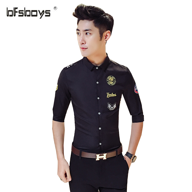 

2017 high quality 7 minutes of sleeve single-breasted cultivate one's morality Men pure color Brand shirt Size M-5XL 8339, Black