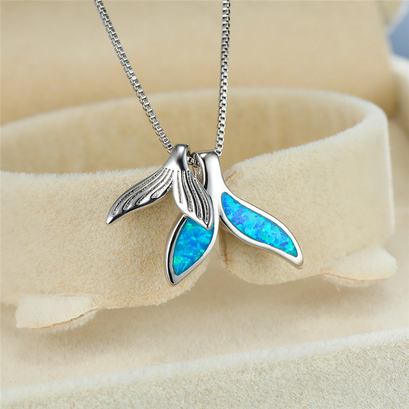 

Simple Female Blue Opal Pendant Necklace Charm Silver Color Chain Necklaces For Women Dainty Double Fishtail Wedding Necklace