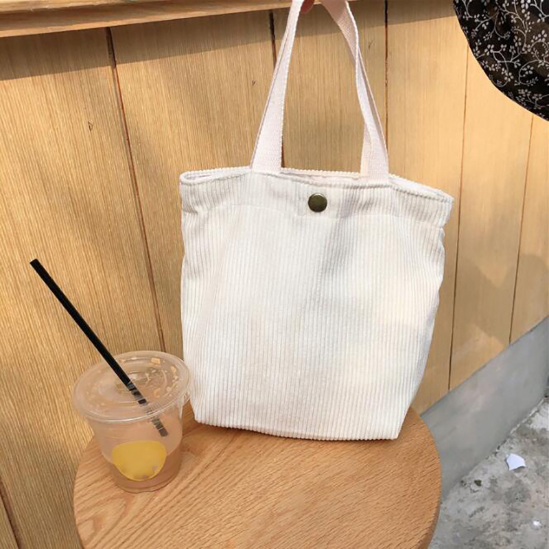 

Fashion Hand-held Mini Corduroy Bag Solid Color Shopping Handbags Ladies Vintage Tote Casual Shoulder Bag Bucket, White