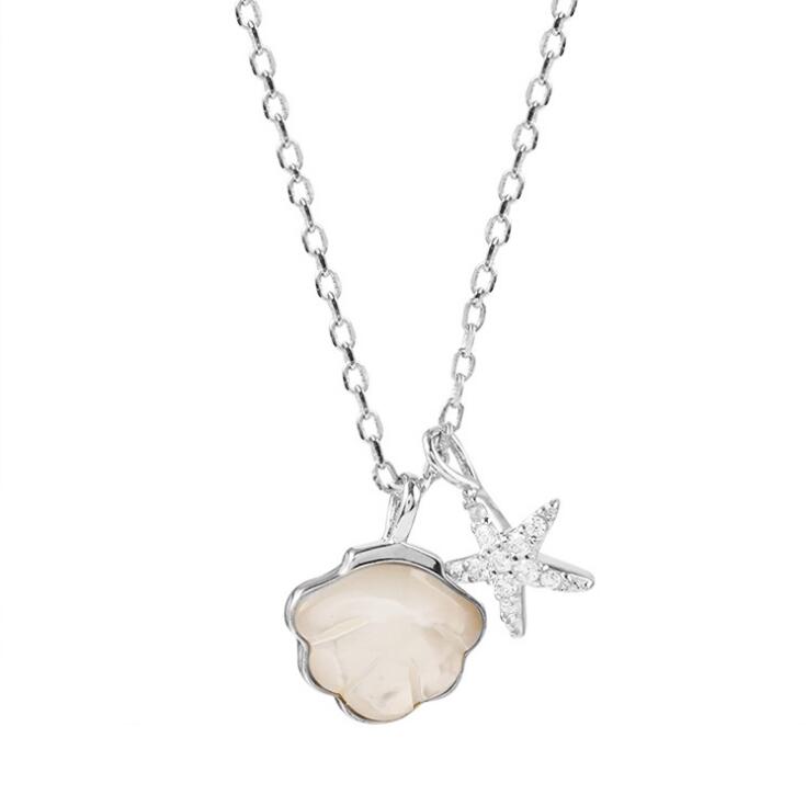 

925 Sterling Silver Shell & Starfish Pendant Necklace with CZ Stones For Women