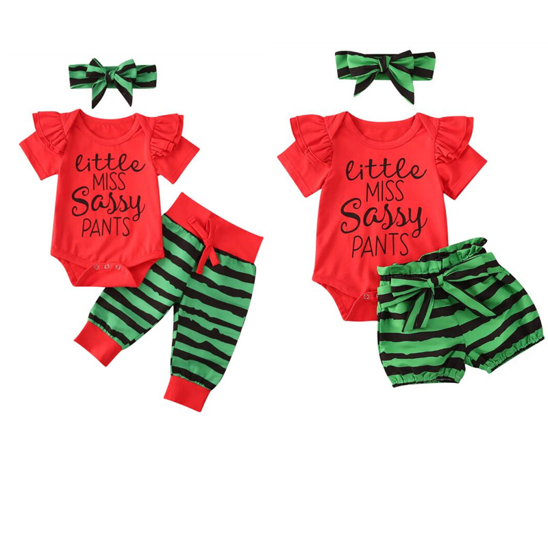 

2020 Summer Watermelon Costume Baby Girl Clothes 0-24M Infant Letter Print Red Short Sleeve Romper Top+Striped Shorts/Pants 3Pcs