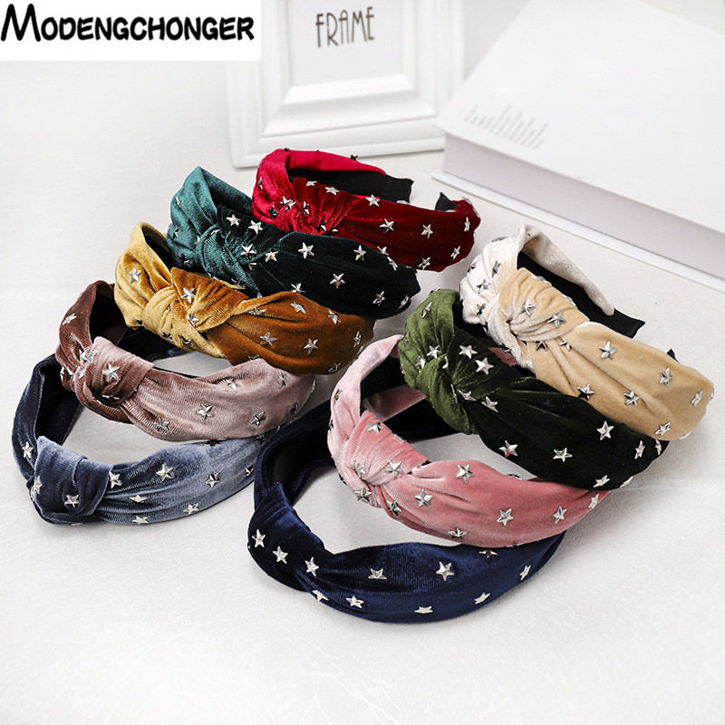

Fashion Cloth Headbands Korean Style Simple Solid Color Woman Drilling Stars Knotted Wide Side Velvet Hairbands Hair Accessories