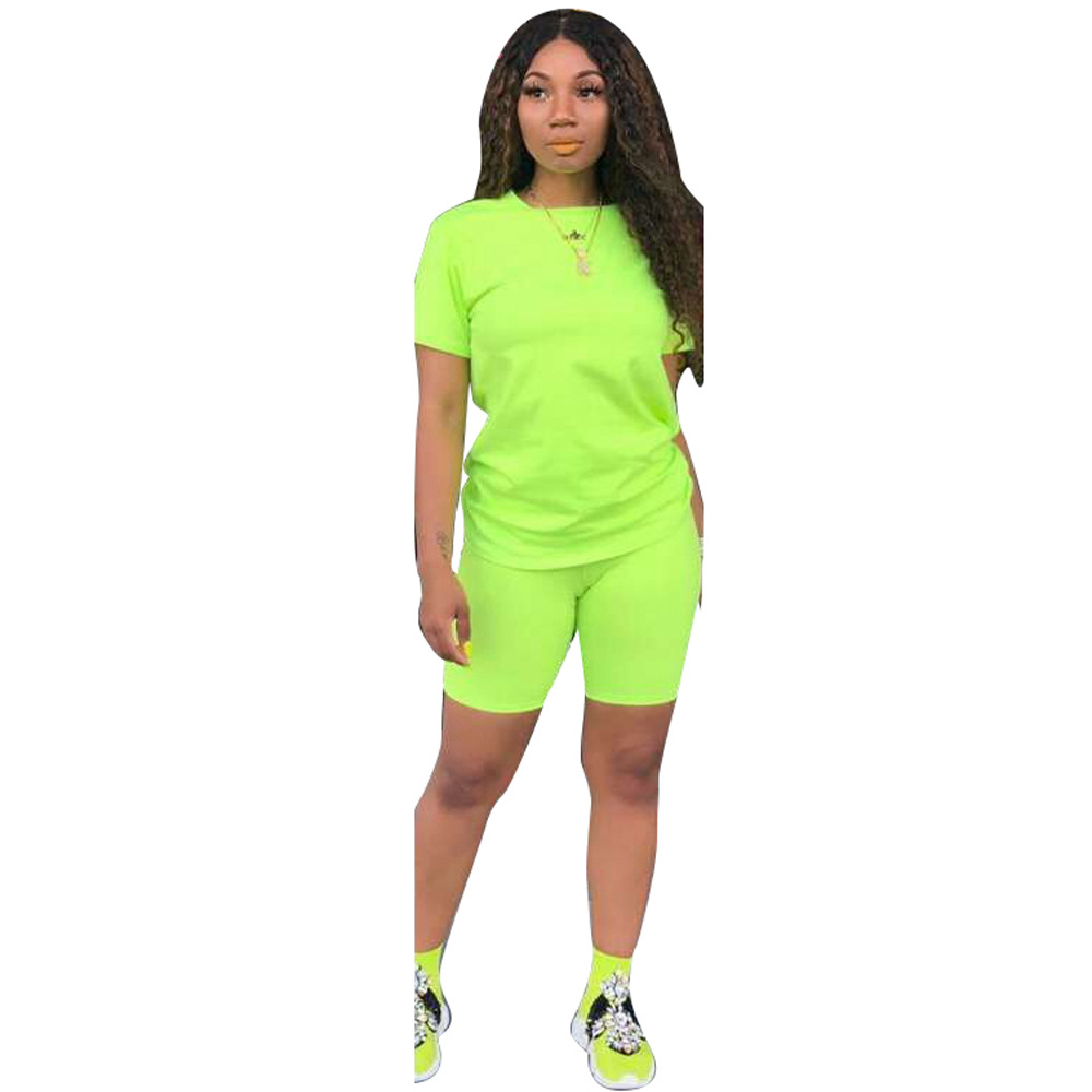 

new women solid sporting casual two piece set short sleeve tee top above knee pants suit tracksuit outfit 4 color, Green
