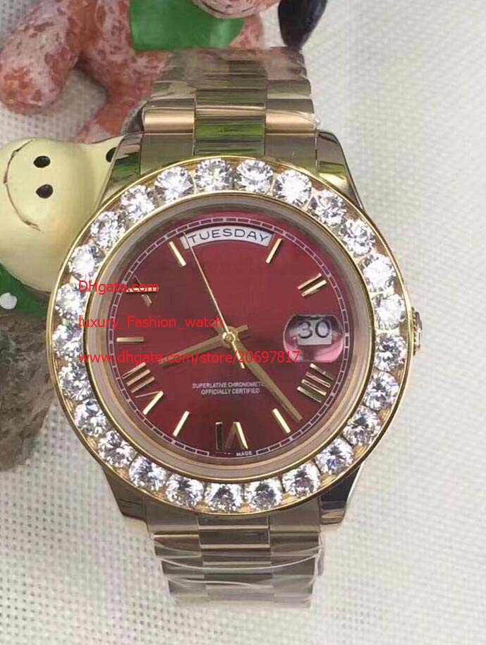 Free Shipping Fashion Sapphire Red Dial 116610 President Day-Date II 41MM Yellow Gold Bigger Diamond Automatic Mens Men's Watch Watches
