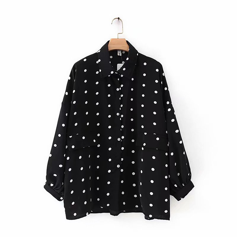 

Plus Size -4XL 59inch Bust Chiffon Blouse Long Sleeve Spring Summer Tops Women's Polka Dot Printed Vintage Blusas, Beige