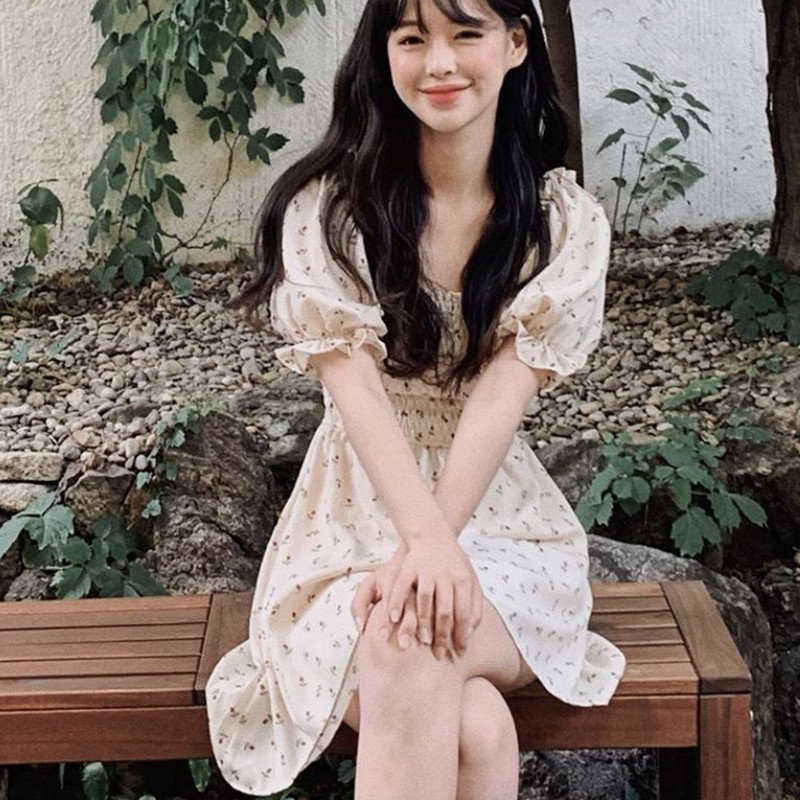 

ZCWXM Sweet Floral Vestidos Puff Sleeve High Waist Elegant 2020 Summer Dresses Chiffon High Waist Vintage Dress Women, Black