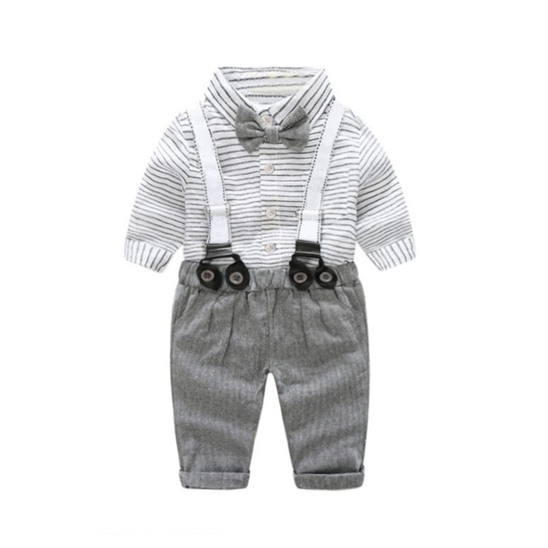 

2 Sets Children's Clothing Autumn and Winter Boy Striped Bow Tie Shirt + Suspenders + Casual Pants Baby Gentleman Style Birthday Clothes, Gray