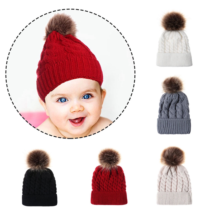 

2020 Fur Knit Crochet Beanie Cap Twist Braid Cap Newborn Baby Boy Kids Warm Hat, Gy