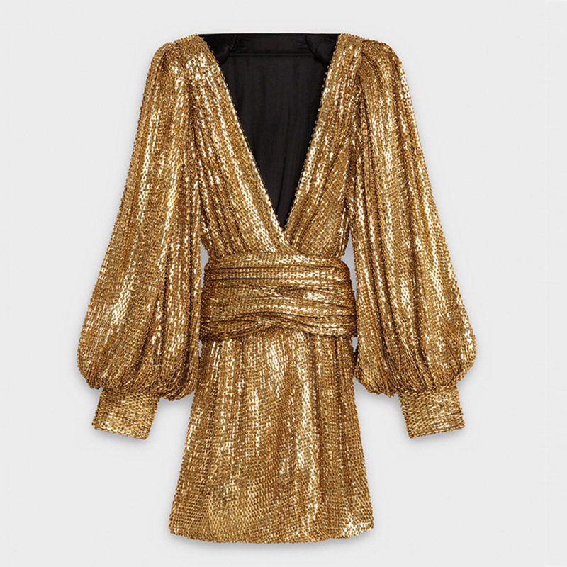 

GoodliShowsi Sexy Ladies Party Night Dress Golden Lurex Deep V-Neck Lantern Sleeve Charming Women' Mini Dresses, Gold