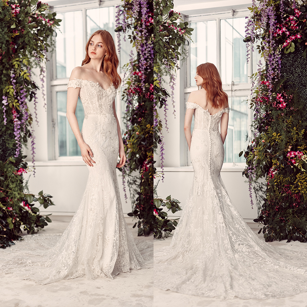 

Luxury Mermaid Rita Vinieris Wedding Dresses Off Shoulder Sleeveless Tulle Applique Sequins Wedding Gown Sweep Train Custom robe de mariée, Yellow