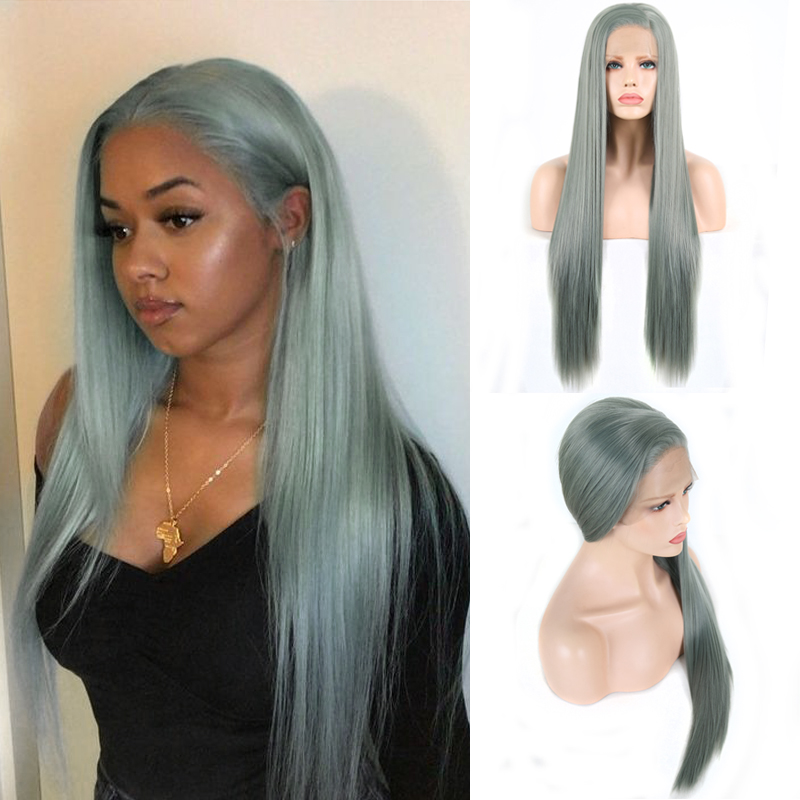 

Charisma Long Straight Hair Ash Green Wig Heat Resistant Fiber Synthetic Lace Front Wig For Women Cosplay Wigs, As pic