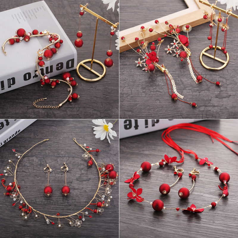 

Bride Headwear Will Red Toast Serve Accessories Pearl Soft Chain Hair Band Nothing Pierced Ear Clip Earring Two Paper Suit