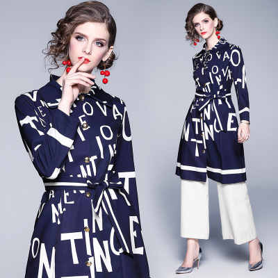 

2021 Autumn and Winter,Fashion Elegant Women's Trench Coats,Beauty Letters Printing Coats of Lady,Nice Gurl's Leisure Outwear, Navy blue
