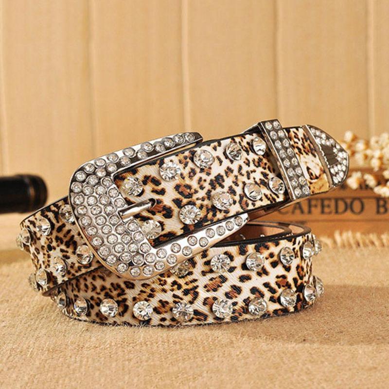 Mode femmes léopard strass incrusté doux Faux cuir ceinture boucle ceinture Cowgirl taille ceinture métal boucle ceinture