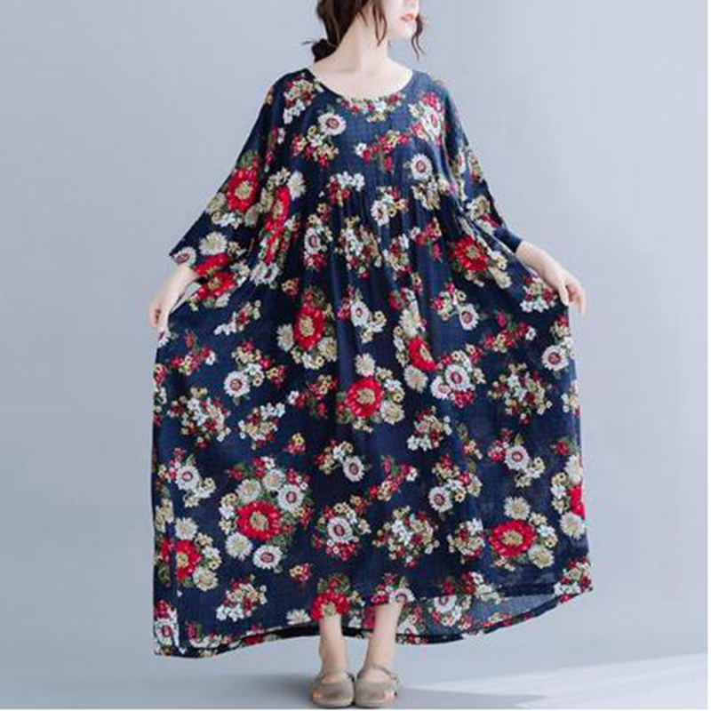 

2020 maternity dressSummer Women's Dress Plus Size cotton Oversized retro print crew neck robe swing dress crew neck, Black
