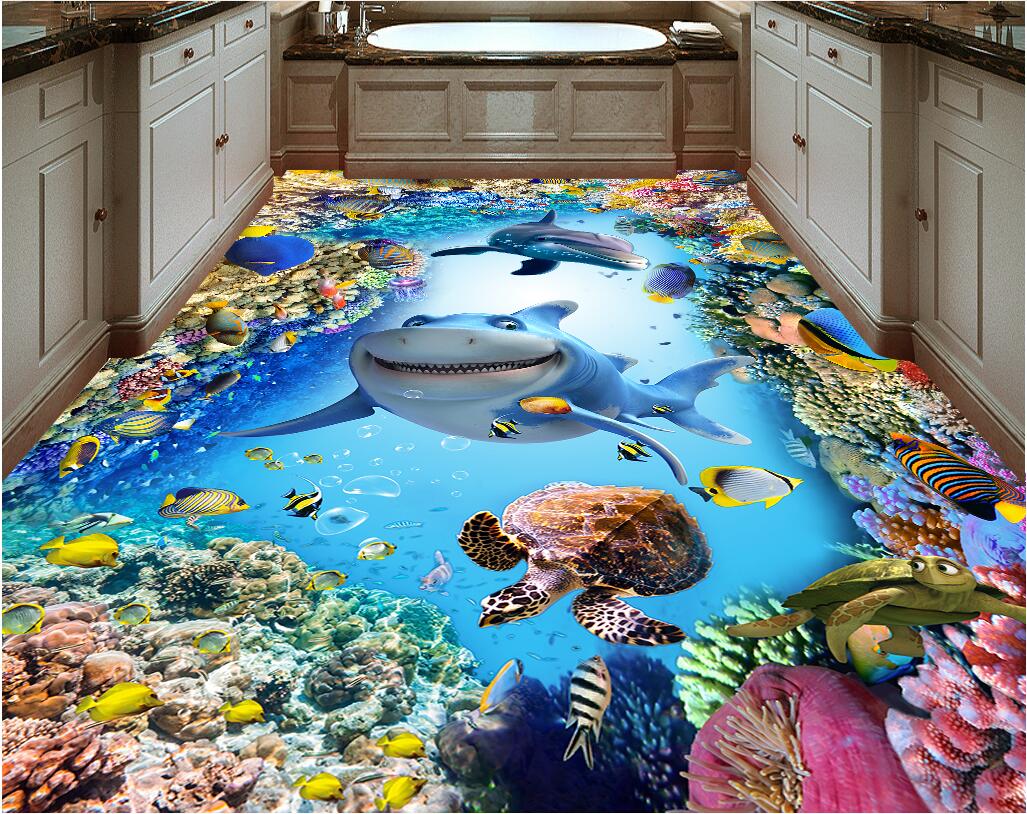 

3d pvc flooring custom photo Waterproof floor wall sticker Blue ocean dolphin shark coral home decor living room wallpaper for walls 3 d, Pictures show