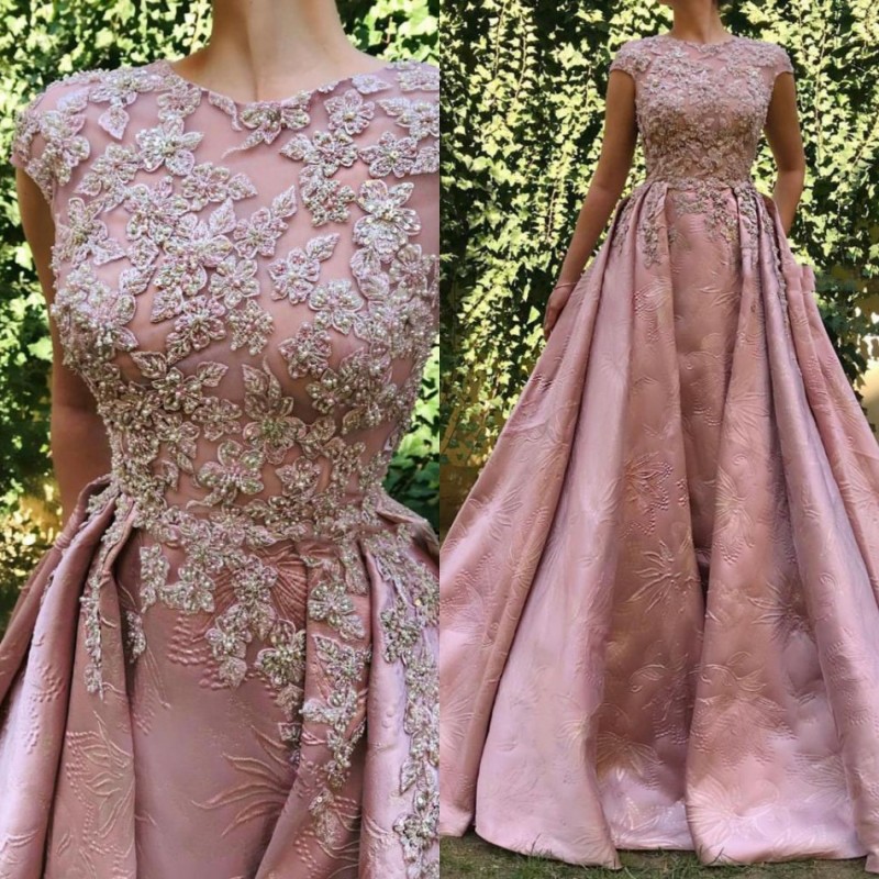 

Modest A Line Evening Prom Dress Short Sleeve Jewel Neck Satin Party Dress Applique Pears Detachable tail robes de soirée, Light sky blue