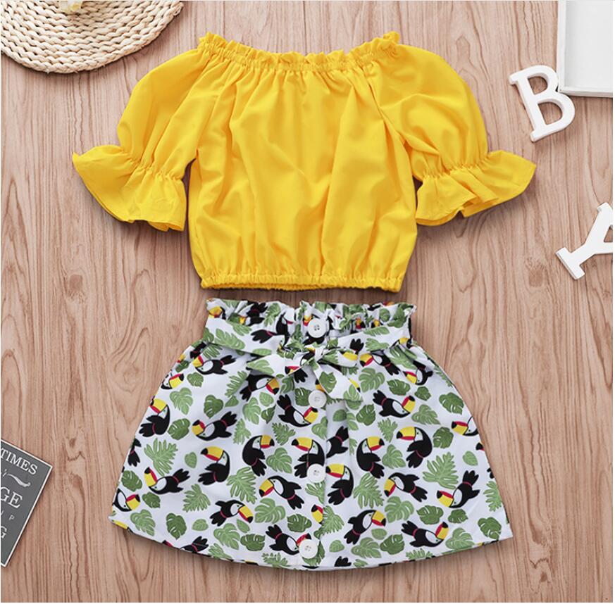

Girl Floral Edge Collar T-shirt and Big Mouth Bird Skirt Set Baby Summer Yellow Tops and Short Dress Suit Kids Clothes Two Pieces ZHT 238, As picture