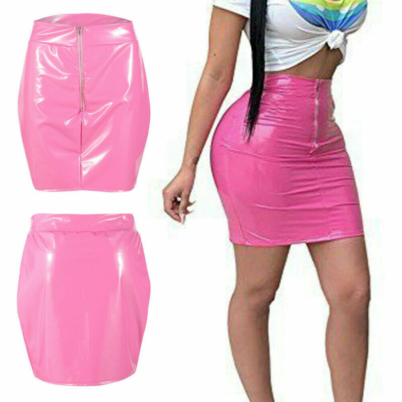 

2020 Women Sexy PU Leather Skirt Package Hip Skirt Clubwear Ladies Solid Color High Waist Zipper Pink, As pic
