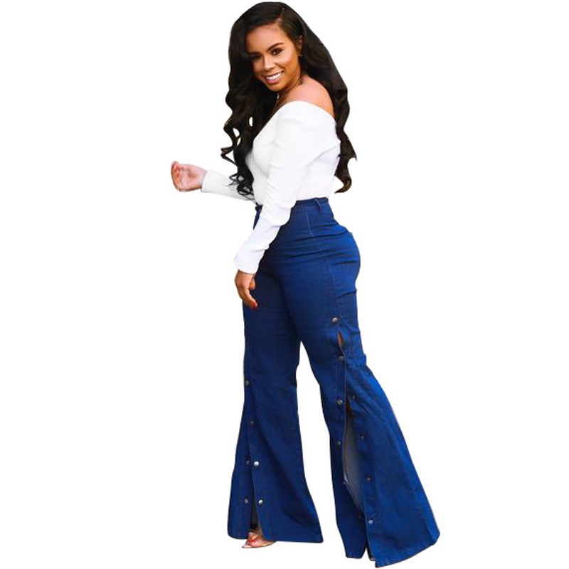 

Fashion Women Zipper High Waist Wide Leg Jeans Loose Split Pockets Pants Party Blue Beading Plus Size Denim Pants