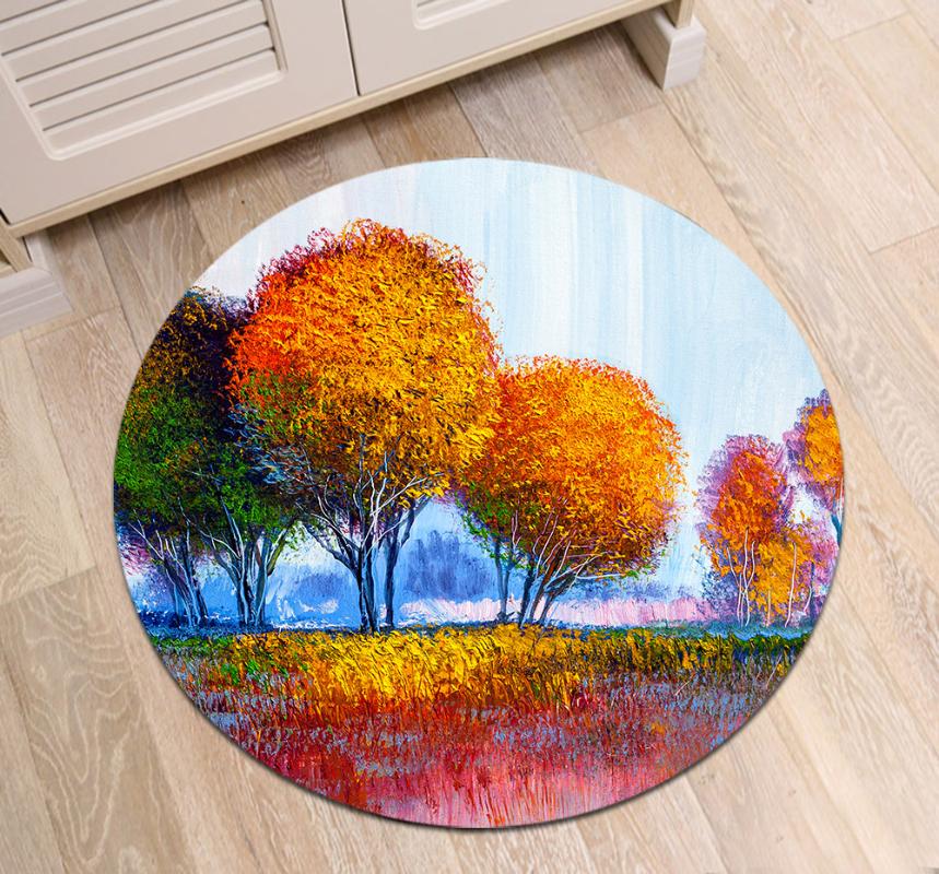 

Oil Painting Style Woods Autumn Trees Round Floor Carpet Living Room Area Rug Watercolor Non-slip Kids Play Mat