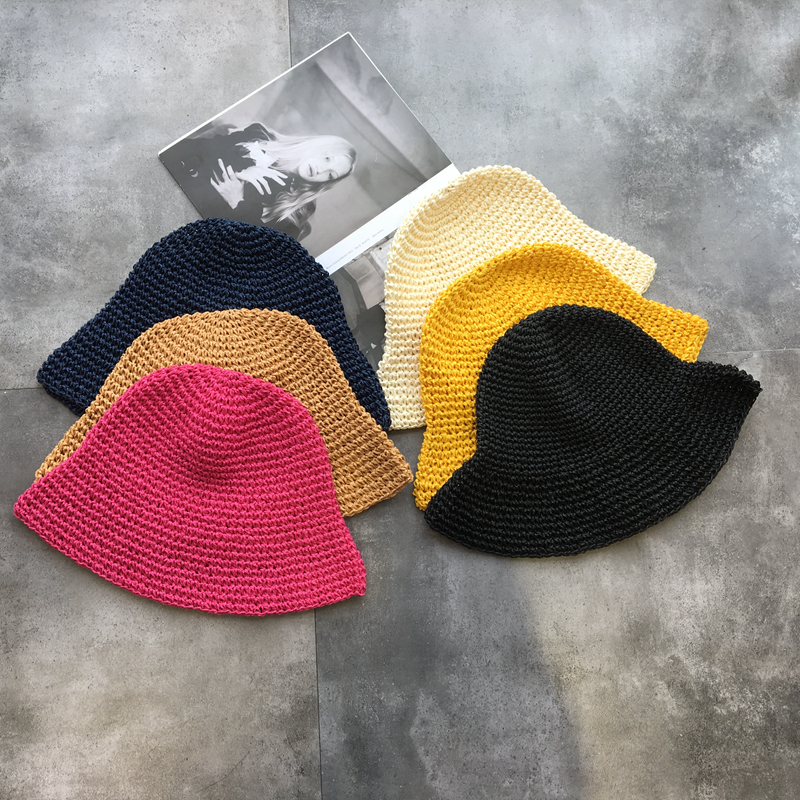 

Handmade Knitted Straw Bucket Hats Women Dome Solid All Match Casual Hat Summer Sun Protection Travel Caps Fashion Sweet 56-58cm, White