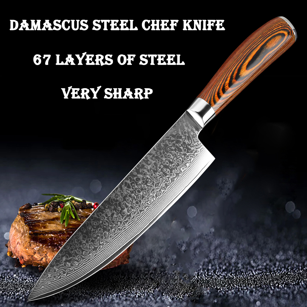

now 8 inch Damascus kitchen knife cut meat slices cut vegetables practical Japanese vg10 chef knife Damascus steel sharp knife wood handle