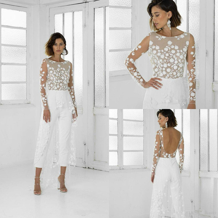 

White Wedding Jumpsuit Beach Wedding Dresses Jewel Neck Long Sleeve Backless Ankle Length Bridal Wedding Gowns Custom Made Illusion Robe, Coral