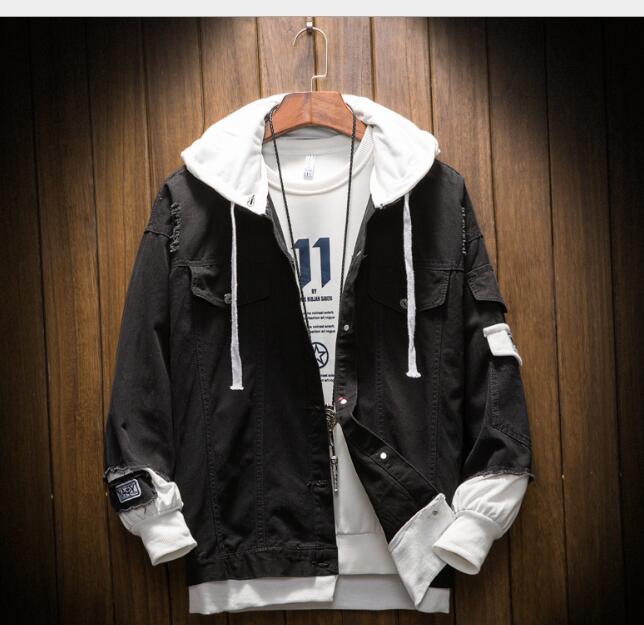 

2020 spring and autumn new men's fashion loose large youth hooded fake two pieces denim jacket jackets Outerwear Coats, Black;brown